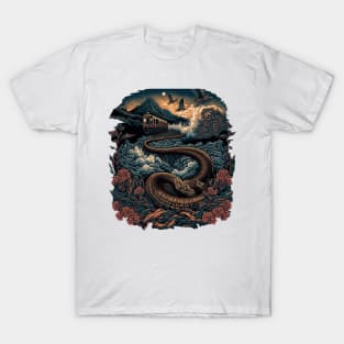 Flying steam train river and crashing waves with snakes T-Shirt